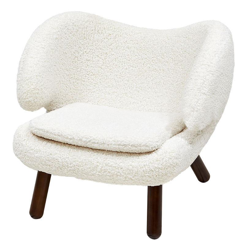 Кресло из белой ткани букле с ножками из массива ясеня Boucle Caldwell White Armchair Белый Коричневый в Краснодаре | Loft Concept 