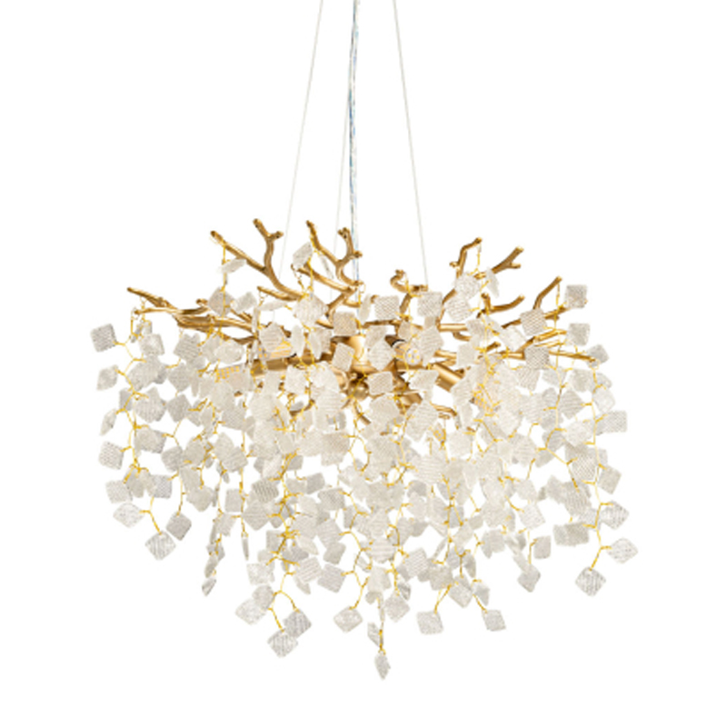 Люстра подвесная золотого цвета с декоративными ветвями и прозрачными рельефными подвесками FAIRYTREE Light Золотой Прозрачный в Краснодаре | Loft Concept 