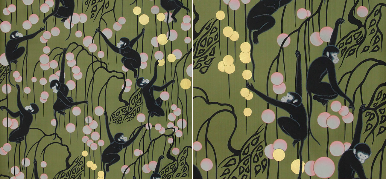 Обои ручная роспись Deco Monkeys Special Colourway on Olive dyed silk - фото