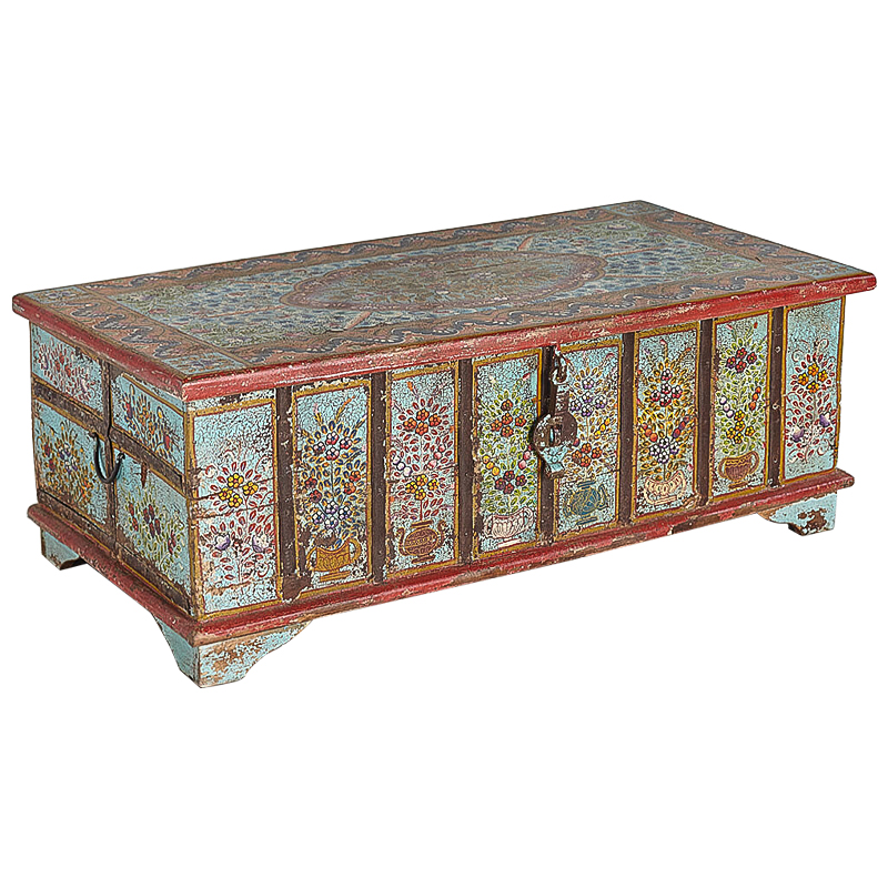 Сундук ручная роспись Pran Antique Indian Painted Chest Мульти Бирюзовый Красный в Краснодаре | Loft Concept 