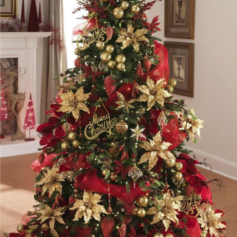 Дизайнерская Елка с Красным и Золотым новогодним декором Christmas Tree Golden Flowers Красный Золотой в Краснодаре | Loft Concept 