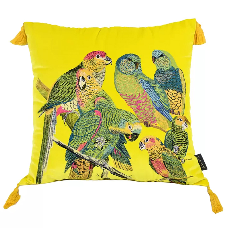 Декоративная подушка с вышивкой Embroidery Parrots Pillow Yellow Желтый Мульти в Краснодаре | Loft Concept 