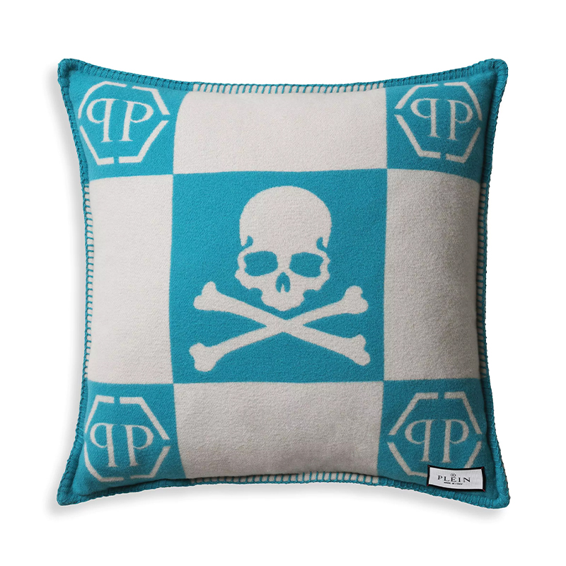 Подушка Philipp Plein Cushion Cashmere Skull 45 x 45 Голубой Белый в Краснодаре | Loft Concept 