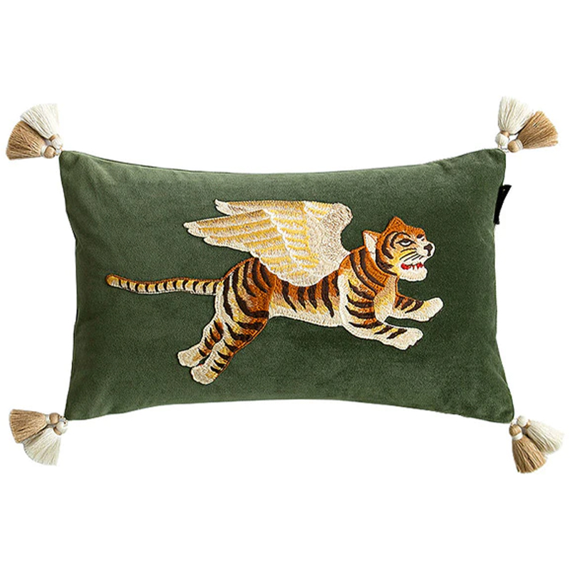 Декоративная подушка с вышивкой Стиль Gucci Winged Tiger Cushion Зеленый Оранжевый Золотой в Краснодаре | Loft Concept 