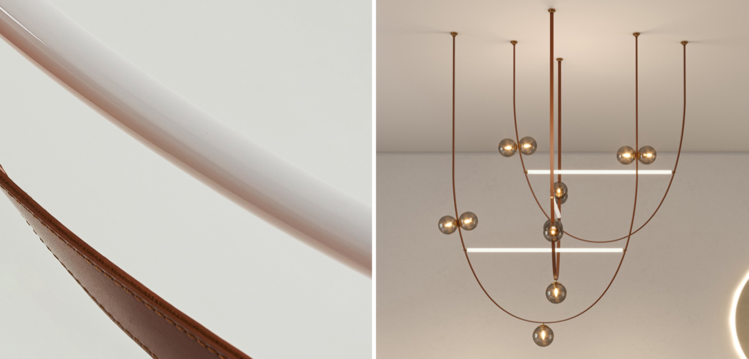 FABIUS Серия светильников с комбинацией шарообразных и трубчатых источников света на подвесных кожаных ремнях - фото