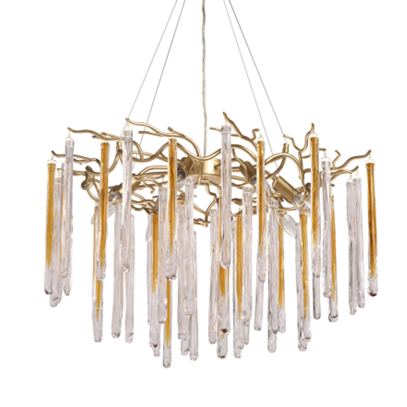 Люстра подвесная золотого цвета с разветвленными ветвями и прозрачными стеклянными подвесками Droplet Chandelier Золотой Прозрачный в Краснодаре | Loft Concept 