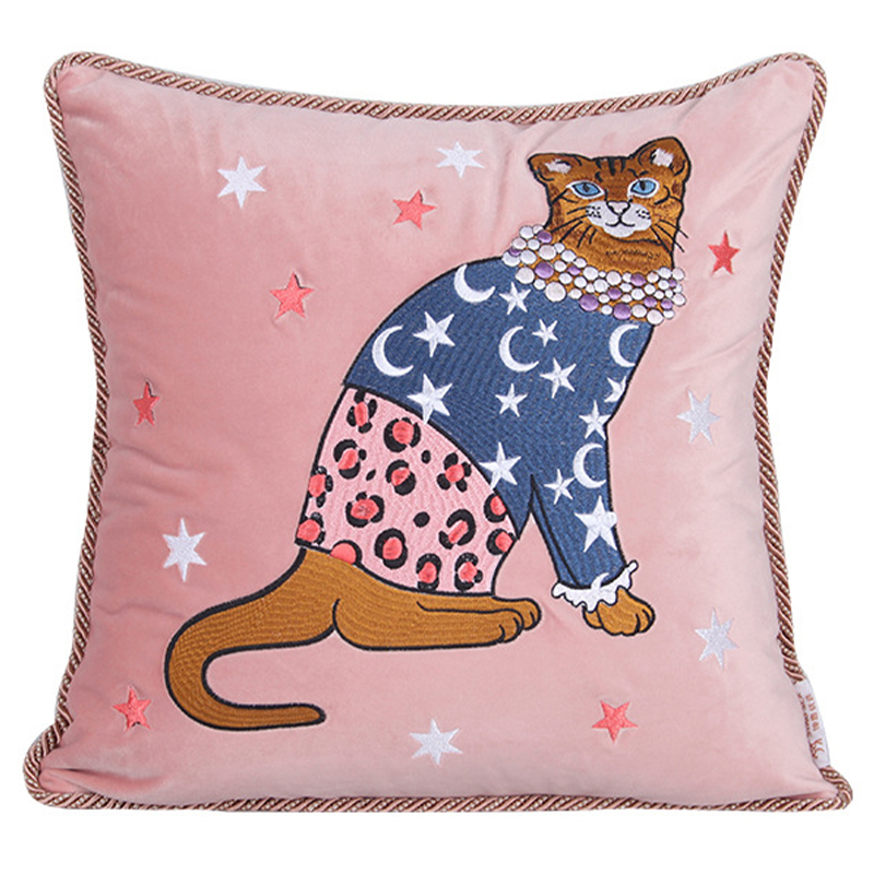 Декоративная подушка с вышивкой Magic Cat Embroidery Cushion Розовый Синий Оранжевый Мульти в Краснодаре | Loft Concept 