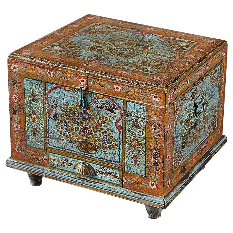 Сундук ручная роспись Harsh Antique Indian Painted Chest Мульти Бирюзовый Оранжевый в Краснодаре | Loft Concept 