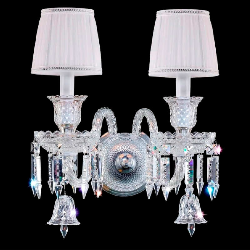 Бра с двумя белыми текстильными абажурами и хрустальными подвесками Lustre Reverie Хром Прозрачное Стекло Белый Бра с двумя белыми текстильными абажурами и хрустальными подвесками Lustre Reverie Хром Прозрачное Стекло Белый в Краснодаре | Loft Concept
