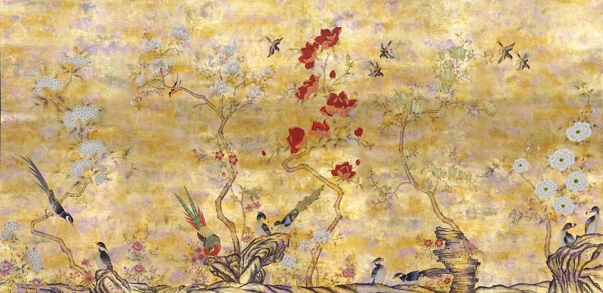 Обои шинуазри Japanese Garden Original colourway on Deep Rich Gold gilded paper with bronze pearlescent antiquing Обои шинуазри Japanese Garden Original colourway on Deep Rich Gold gilded paper with bronze pearlescent antiquing - постер Loft-Concept в Краснодаре