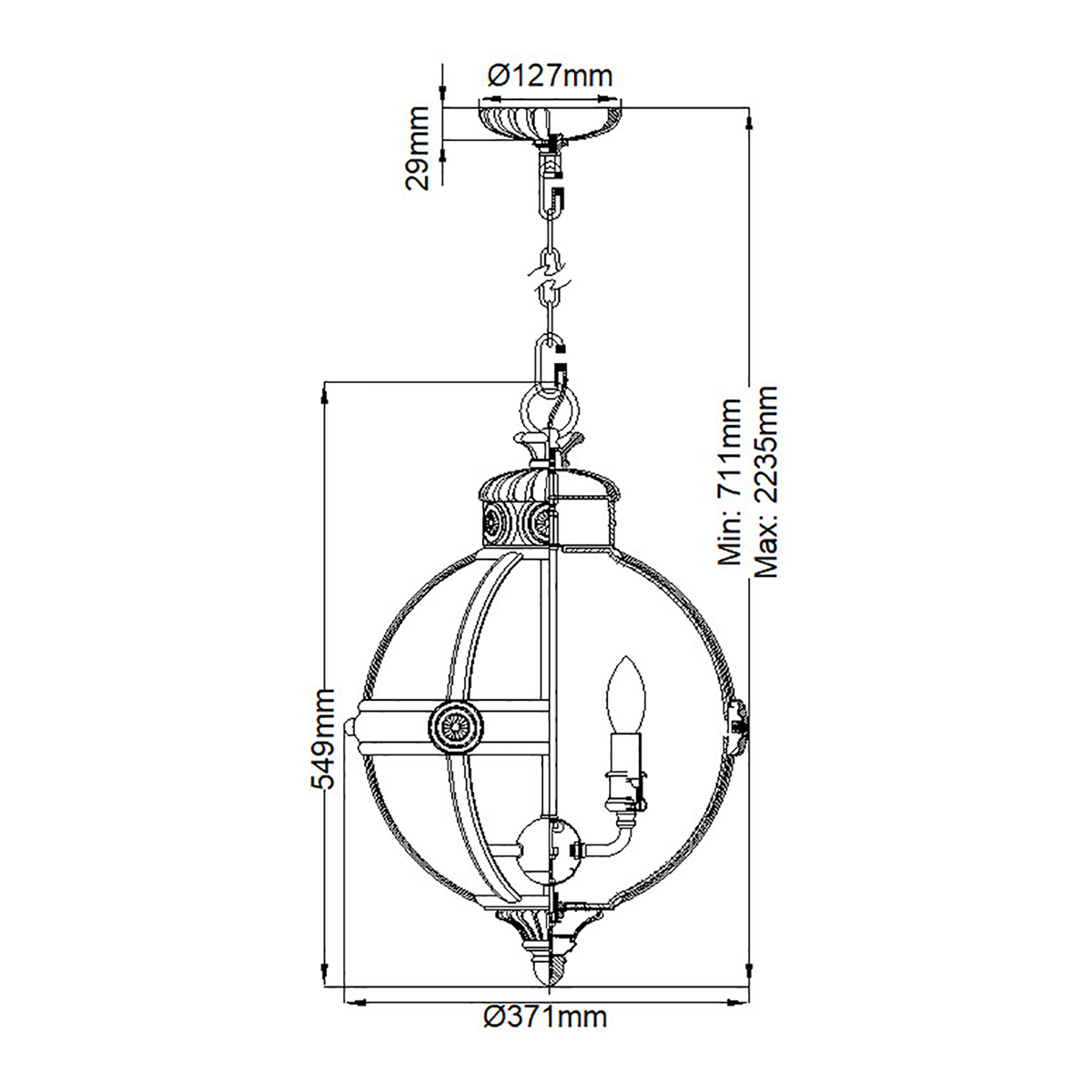 Подвесной светильник с прозрачным стеклянным плафоном в форме шара цвета никеля в индустриальном стиле на цепи 3 лампы Feiss в Краснодаре