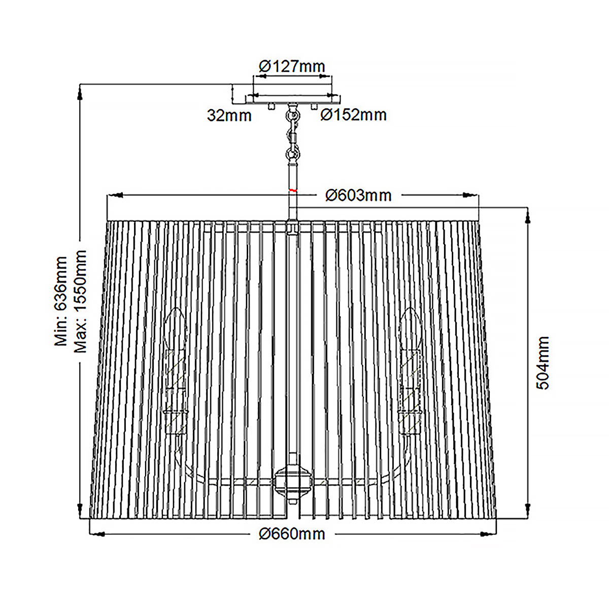Люстра цвета латунь с 6-ю лампами свечами внутри цилиндрического абажура из черных металлических реек Kichler в Краснодаре