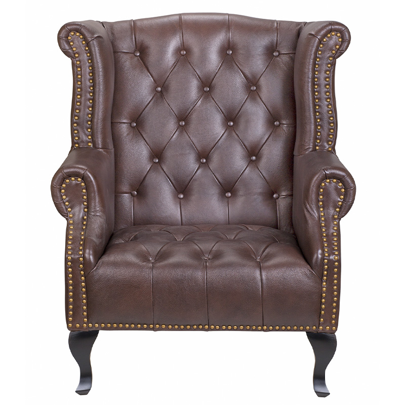 Кресло из натуральной кожи на 4-х деревянных ножках из массива бука Thomas Armchair brown Коричневый Черный в Краснодаре | Loft Concept 