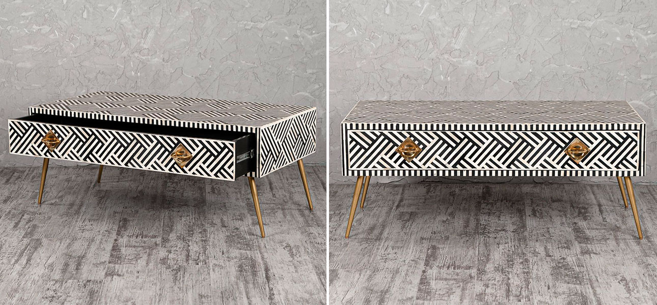 Столик на ножках с инкрустацией черно-белый Ester - фото №1