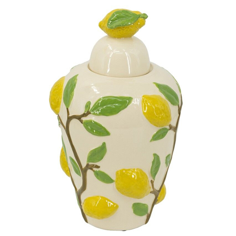 Ваза с крышкой кремового цвета и объемным рисунком лимонов и листьев Lemon Delight Кремовый Желтый Коричневый Зеленый Ваза с крышкой кремового цвета и объемным рисунком лимонов и листьев Lemon Delight Кремовый Желтый Коричневый Зеленый в Краснодаре | Loft Concept