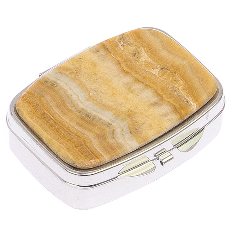 Таблетница карманная прямоугольная с 2-мя отделениями с зеркалом и накладкой из натурального камня Оникс Silver Stone Pillboxes Бежевый Серебряный в Краснодаре | Loft Concept 