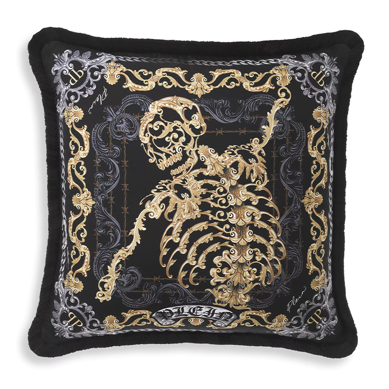 Подушка Philipp Plein Cushion Silk Skeleton 50 x 50 cm Черный Серый Золотой в Краснодаре | Loft Concept 