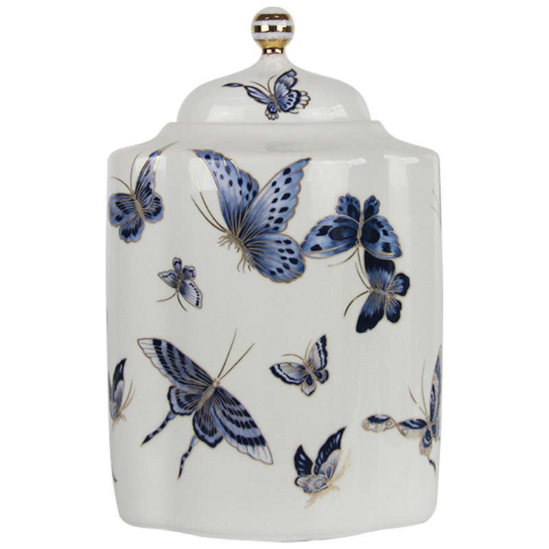 Ваза с крышкой Porcelain Butterfly Blue and Gold Vase Белый Синий Золотой в Краснодаре | Loft Concept 