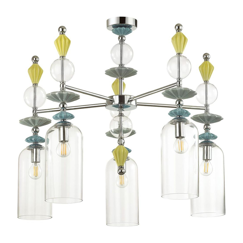 Люстра Iris Glass Chandelier candy 5 chrome Прозрачное Стекло Прозрачный зеленый Желтый Хром в Краснодаре | Loft Concept 