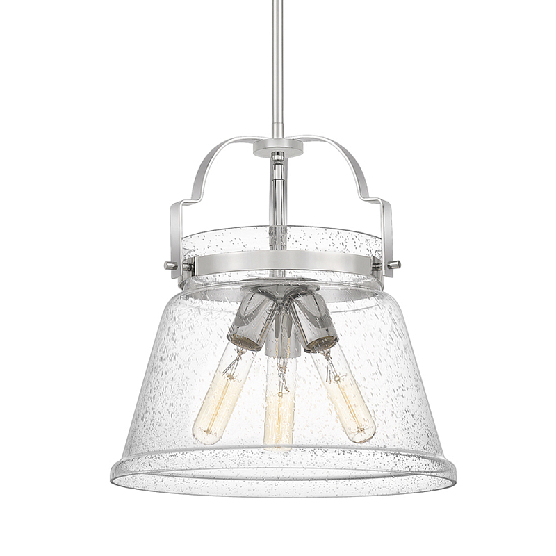 Подвесной светильник с прозрачным стеклянным плафоном в форме колокола с эффектом пузырьков и тремя лампами Quoizel Хром Латунь Прозрачное Стекло в Краснодаре | Loft Concept 