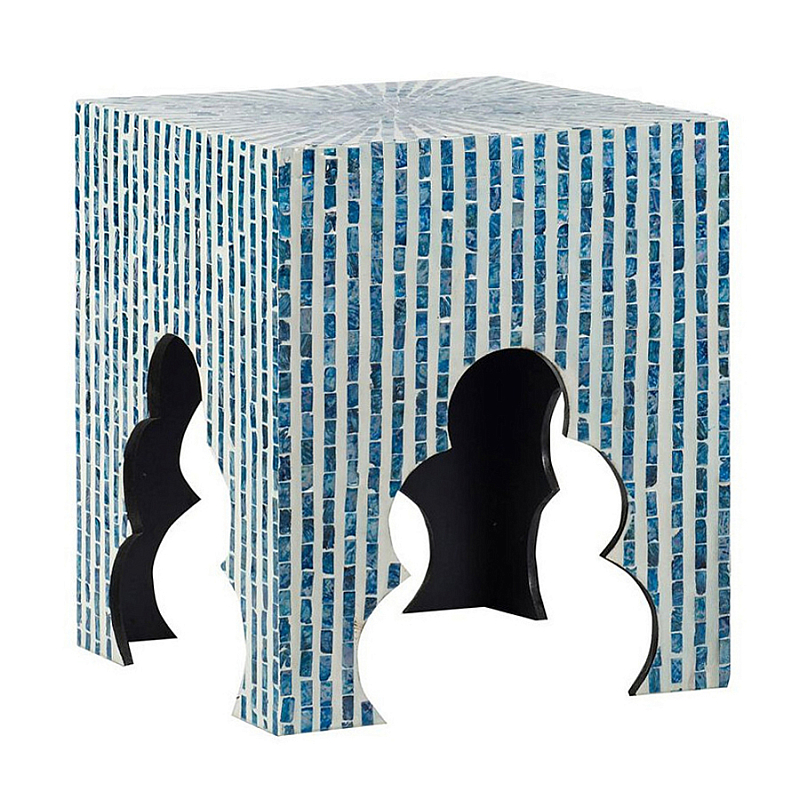 Приставной столик с инкрустацией раковинами устриц Bone Inlay Белый Синий в Краснодаре | Loft Concept 