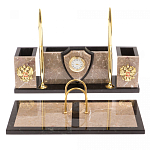 Настольный письменный набор из бежевого мрамора с часами и гербом Marble Accessory варинант исполнения - 1 | Loft Concept в Краснодаре