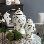 Ваза белая с крышкой с рисунком зеленых и золотых листьев 48 см Chinoiserie Ceramics варинант исполнения - 4 | Loft Concept в Краснодаре