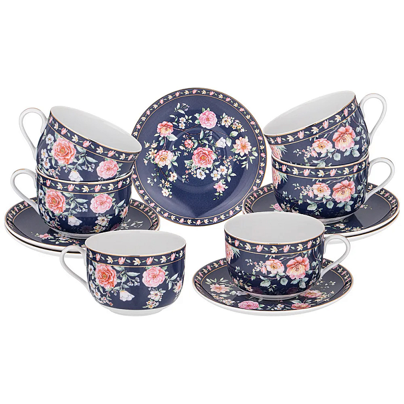 Чайный набор из фарфора синий на 6 персон 12 предметов Flower Porcelain Collection Синий Мульти в Краснодаре | Loft Concept 