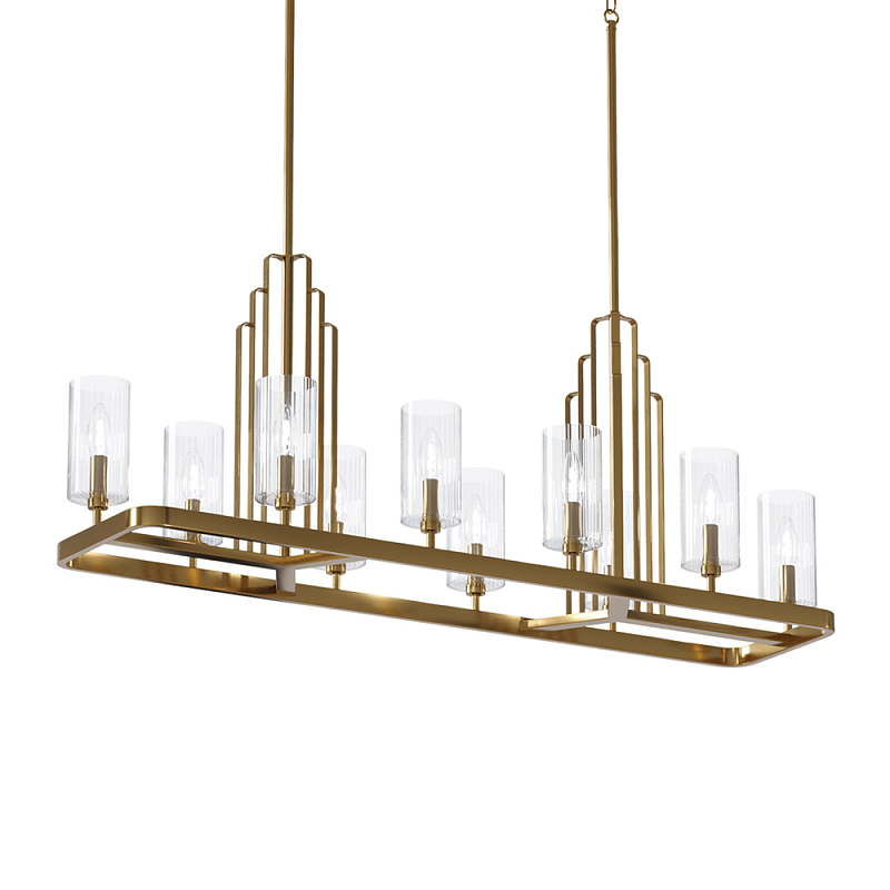 Люстра прямоугольная цвета латунь с прозрачными рифлеными цилиндрическими плафонами Kichler Латунь Прозрачное Стекло Никель в Краснодаре | Loft Concept 