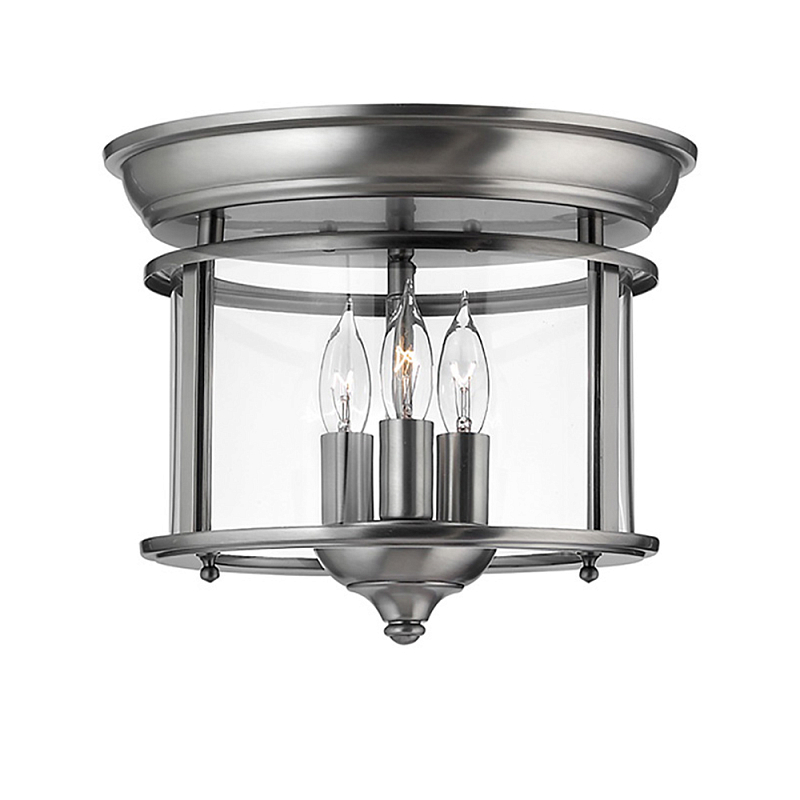 Потолочный светильник в форме фонаря с прозрачным цилиндрическим плафоном и тремя лампами в форме свечей Hinkley Латунь Прозрачное Стекло Олово в Краснодаре | Loft Concept 