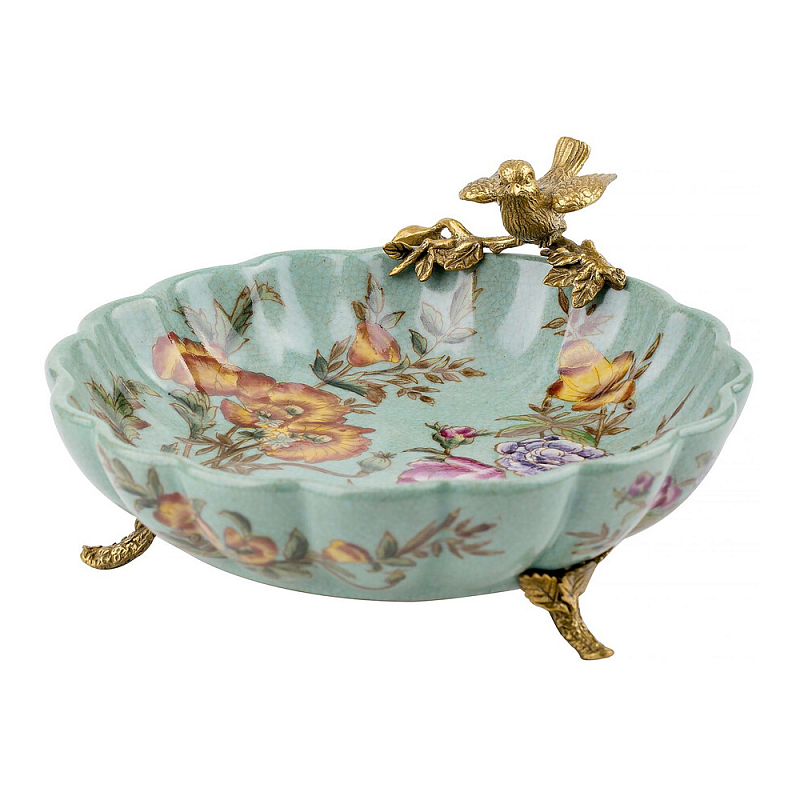 Блюдо из голубого фарфора с бронзовой птичкой Blue Garden Голубой Бронза Мульти в Краснодаре | Loft Concept 