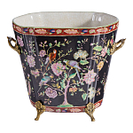 Кашпо из фарфора черная с цветочной росписью и бронзовой стрекозой Spring Garden варинант исполнения - 1 | Loft Concept в Краснодаре