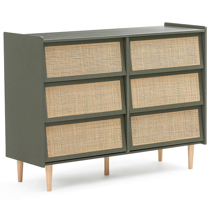 Комод с 6-ю ящиками из плетеного ротанга Remi Green Wicker Furniture Зеленый Древесина Бежевый Комод с 6-ю ящиками из плетеного ротанга Remi Green Wicker Furniture Зеленый Древесина Бежевый в Краснодаре | Loft Concept