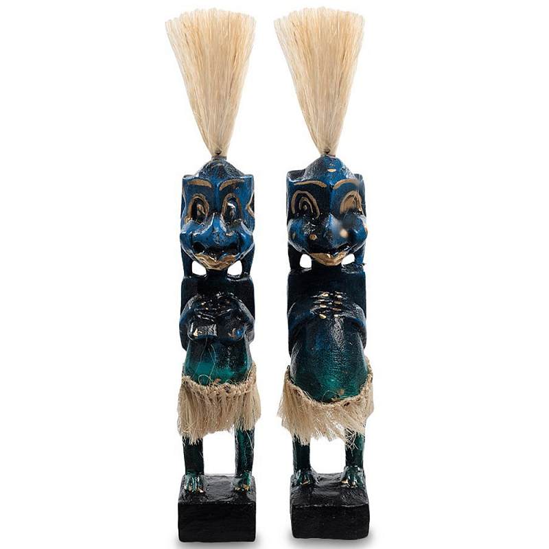 Комплект из 2-х деревянных статуэток Asmat Straw Headdress Statuettes Blue Синий Бирюзовый Бежевый Комплект из 2-х деревянных статуэток Asmat Straw Headdress Statuettes Blue Синий Бирюзовый Бежевый в Краснодаре | Loft Concept