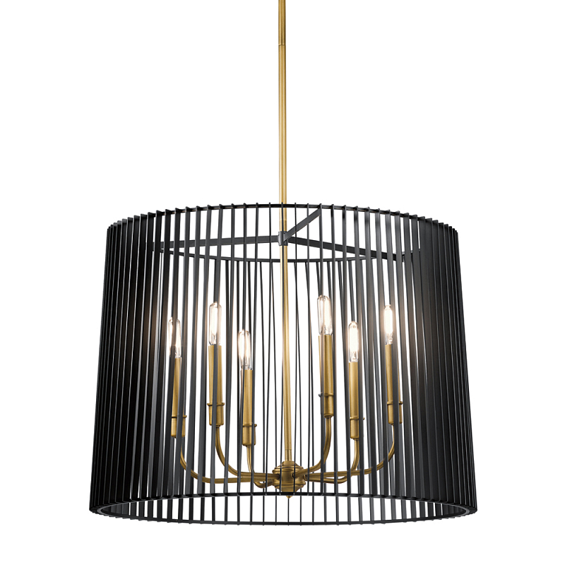 Люстра цвета латунь с 6-ю лампами свечами внутри цилиндрического абажура из черных металлических реек Kichler Латунь Черный в Краснодаре | Loft Concept 