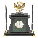 Часы настольные с Гербом России и 2-мя шариковыми ручками в комплекте Stone Clock варинант исполнения - 1 | Loft Concept в Краснодаре