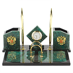 Настольный письменный набор из змеевика с часами и гербом Successful Leader варинант исполнения - 1 | Loft Concept в Краснодаре