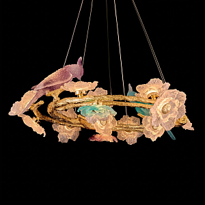 Люстра круглая на золотом каркасе с птичками и цветочным декором Miscellaneous herbs