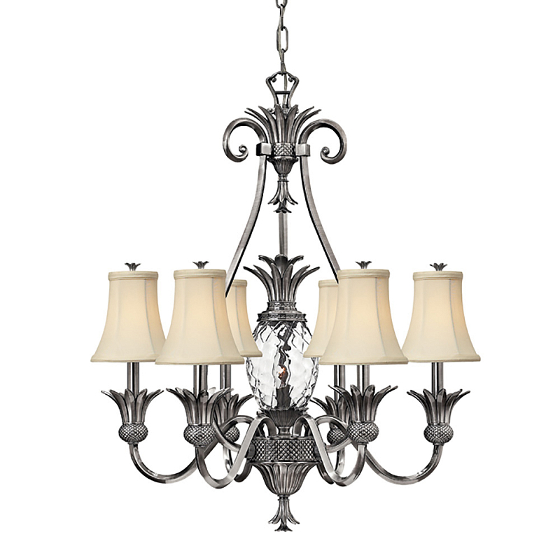 Люстра с 7-ю кремовыми текстильными абажурами Hinkley Никель Белый Бежевый Прозрачное Стекло Бронза в Краснодаре | Loft Concept 