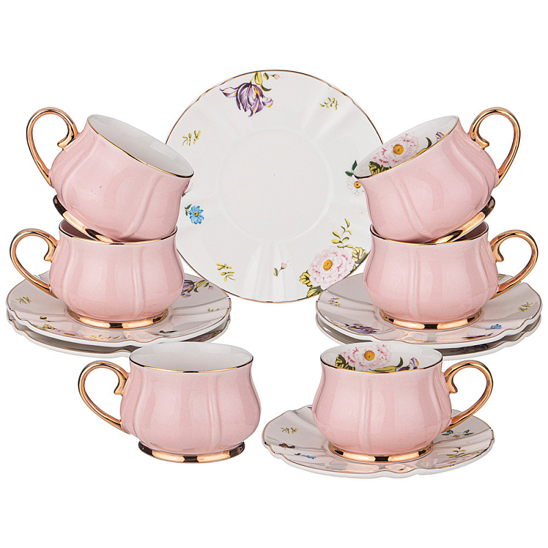 Чайный набор из фарфора на 6 персон 12 предметов Tea Porcelain Set Белый Золотой Розовый в Краснодаре | Loft Concept 