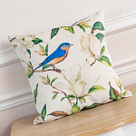 Декоративная подушка бежевая с изображением птица в саду Blooming Blue Birds варинант исполнения - 2 | Loft Concept в Краснодаре