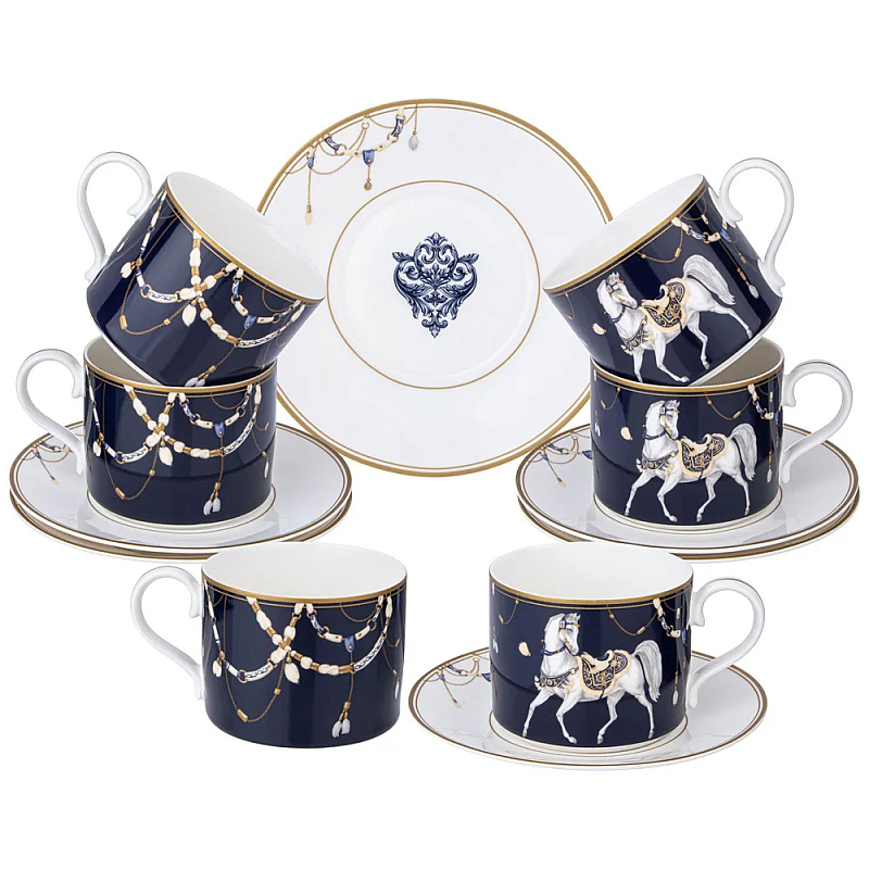 Чайный набор из фарфора с изображением лошадей на 6 персон 12 предметов Porcelain Horse Set Белый Синий в Краснодаре | Loft Concept 