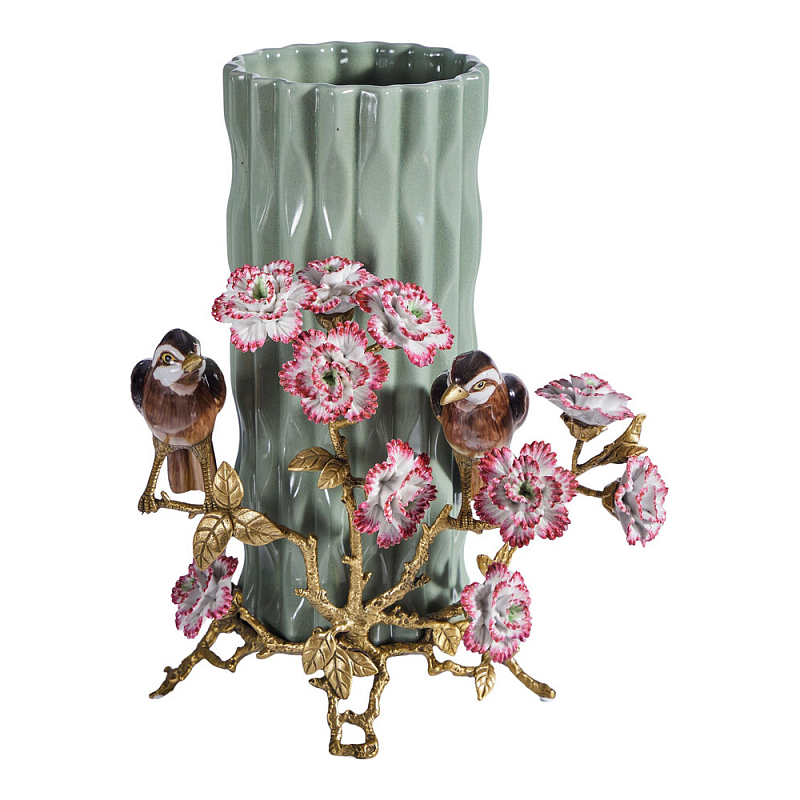 Ваза с птицами и цветами из фарфора с бронзовыми элементами Garden of Eden Бронза Мульти Зеленый в Краснодаре | Loft Concept 