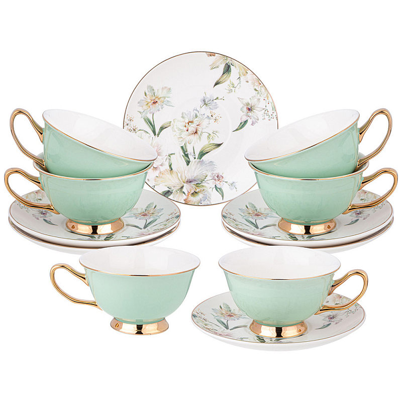 Чайный набор из фарфора на 6 персон Tea Porcelain Set Белый Золотой Зеленый в Краснодаре | Loft Concept 