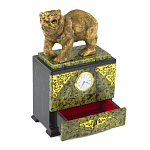 Часы настольные с декором в виде медведя и выдвижным ящиком из натурального камня Змеевик Bear Stone Clock варинант исполнения - 3 | Loft Concept в Краснодаре