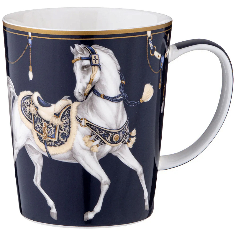 Кружка из фарфора синяя с изображением лошади 400 мл Porcelain Horse Set Белый Синий Золотой в Краснодаре | Loft Concept 