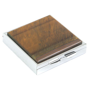 Таблетница карманная квадратная с 4-мя отделениями с зеркалом и накладкой из натурального камня Тигровый глаз Silver Stone Pillboxes