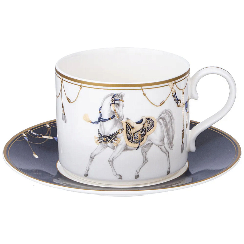 Чайная пара из фарфора с изображением лошади 300 мл Porcelain Horse Set 2 Белый Синий Золотой в Краснодаре | Loft Concept 