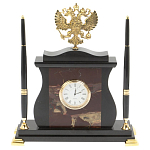 Часы настольные с Гербом России и 2-мя шариковыми ручками в комплекте Stone Clock варинант исполнения - 5 | Loft Concept в Краснодаре