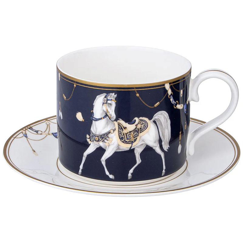 Чайная пара из фарфора с изображением лошади 300 мл Porcelain Horse Set  Белый Синий Золотой в Краснодаре | Loft Concept 